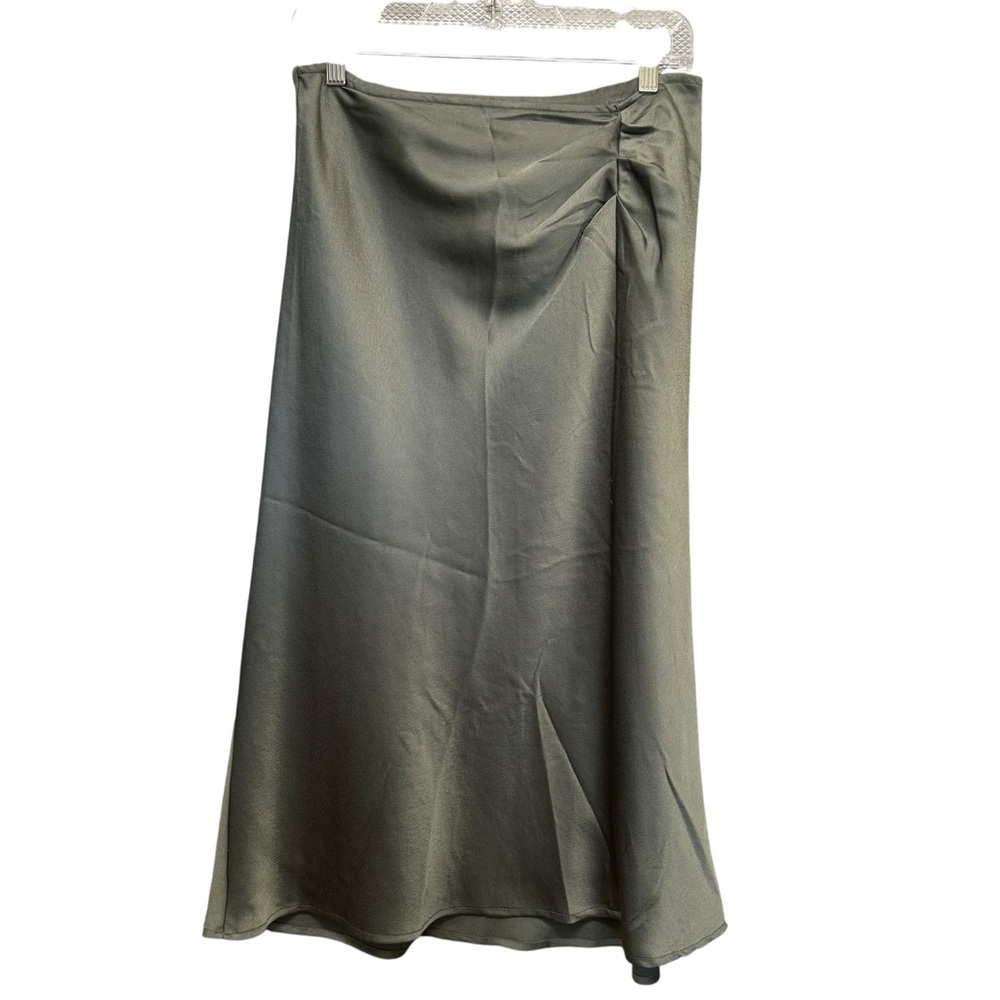 Status Olive Green Satin Ruched Midi Skirt - Size M
